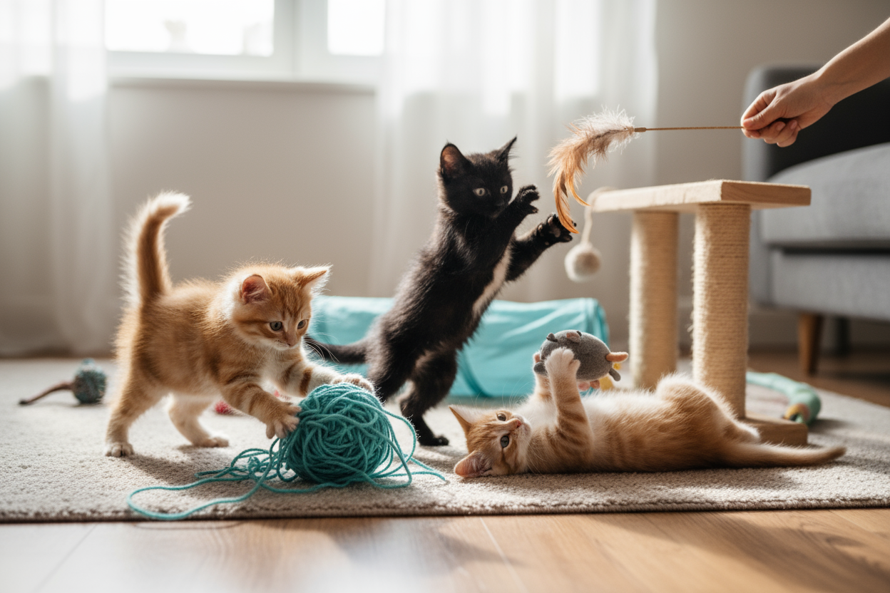 adorable kittens playing with toys